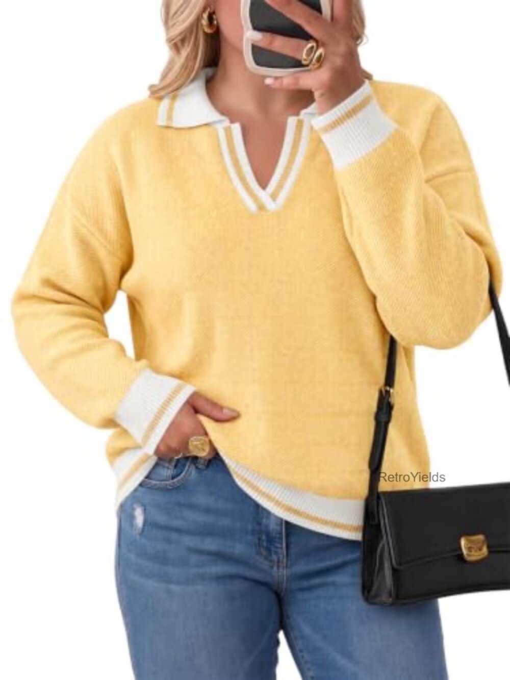 Womens Plus Size V Neck Knit Sweater Pullover Long Sleeve Polo